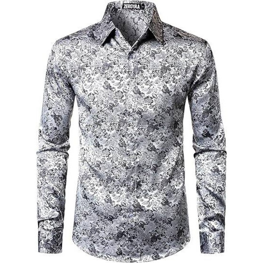 MSRP $42 ZEROYAA Men's S Silver Shiny Satin Rose Floral Jacquard Shirt Long